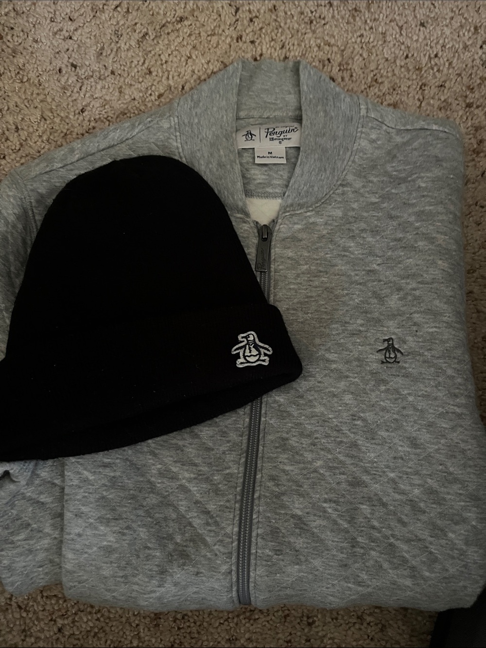 Original Penguin Gray Zip Up quilted textured Sweater with  beannie hat